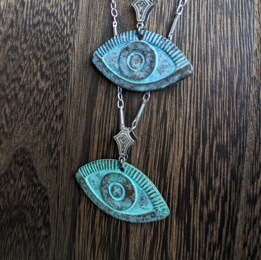Green and Blue evil eye protection necklace, Handpainted patina eye necklace - Picture 3 of 9